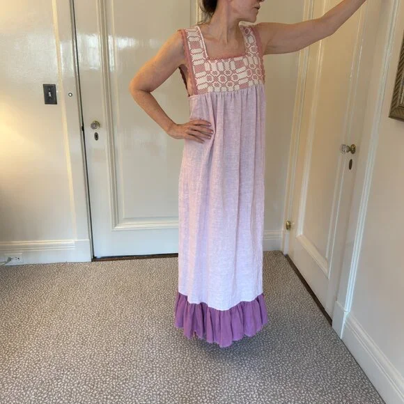 NINA LEUCA MAXI DRESS. LINEN AND COTTON. ITALIAN. HAND MADE - Picture 4 of 8